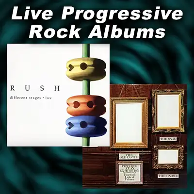 album covers for Different Stages by Rush and Pictures at an Exhibition by Emerson, Lake and Palmer