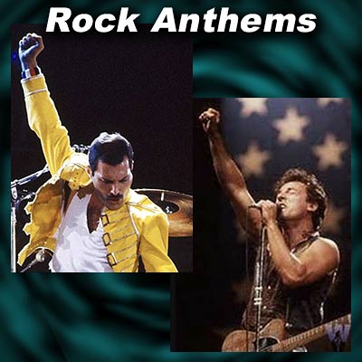 Rock concert photos of Queen's Freddie Mercury, and Bruce Springsteen