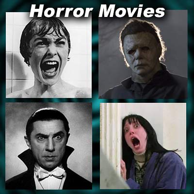 Scenes from horror movies Psycho, Halloween, Dracula and The Shining
