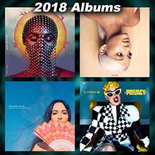 2018 record album covers for Dirty Computer, Sweetener, Golden Hour, and Invasion of Privacy