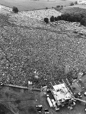 Arial view of crowd at woodstock 1969
