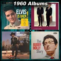 1960 record album covers for Elvis Is Back, Bo Diddley Is A Gunslinger, It's Everly Time, and The Buddy Holly Story, Volume 2