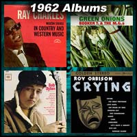 1962 record album covers for Modern Sounds In Country And Western Music, Green Onions, Bob Dylan, and Crying