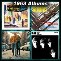1963 record album covers for Live At The Apollo, Please Please Me, The Freewheelin' Bob Dylan, and With The Beatles