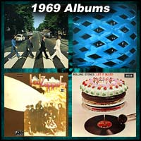 1969 record album covers for Abbey Road, Tommy, Led Zeppelin II, and Let It Bleed