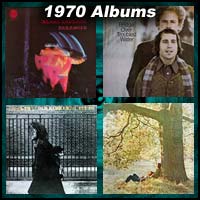 1970 record album covers for Paranoid, Bridge Over Troubled Water, After The Gold Rush, and Plastic Ono Band
