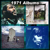 1971 record album covers for What's Going On, Led Zeppelin IV, Who's Next, and Blue
