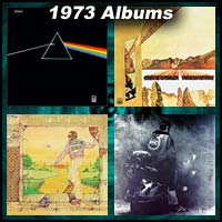 1973 record album covers for Dark Side Of The Moon, Innervisions, Goodbye Yellow Brick Road, and Quadrophenia