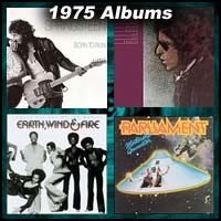 1975 record album covers for Born To Run, That's The Way Of The World, Blood On The Tracks, and Mothership Connection