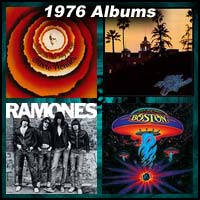 1976 record album covers for Songs In The Key Of Life, Hotel California, The Ramones, and Boston