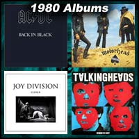 1980 record album covers for Back In Black, Remain In Light, Closer, and Ace Of Spades