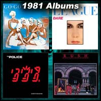 1981 record album covers for Beauty And The Beat, Dare!, Ghost In The Machine, and Moving Pictures