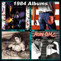 1984 record album covers for Purple Rain, Born in the USA, Like A Virgin, and Run-D.M.C.