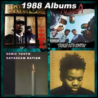1988 record album covers for It Takes A Nation Of Millions To Hold Us Back, Straight Outta Compton, Daydream Nation, and Tracy Chapman