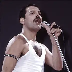 Frontman Freddie Mercury singing on stage
