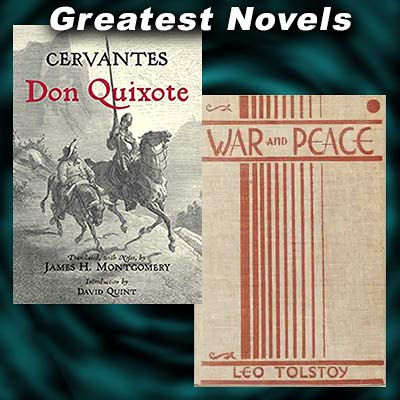 Book covers for Don Quixote and War and Peace