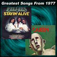record cover art for Stayin' Alive by The Bee Gees and We Will Rock You/We Are the Champions by Queen