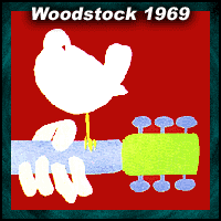 Woodstock 1969 music festival logo with white dove on guitar neck
