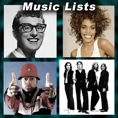 pictures of the Beatles, Buddy Holly, Whitney Houston, and LL Cool J
