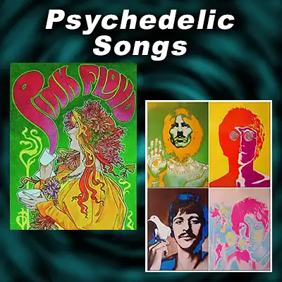 Psychedelic Songs title image with Beatles and Pink Floyd posters