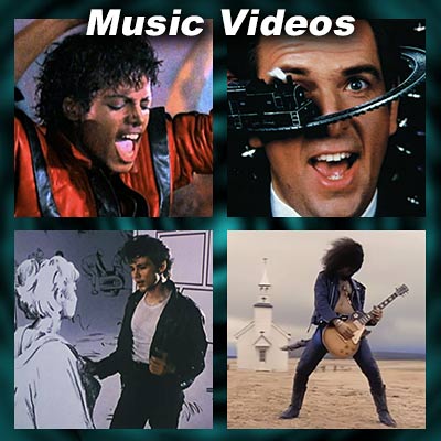 Music video stills from Thriller, Sledgehammer, Take On Me and November Rain
