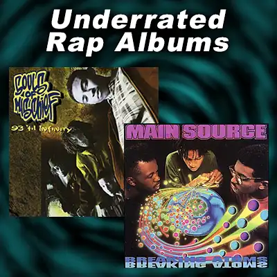 album covers '93 Til Infinity by Souls of Mischief, Breaking Atoms by Main Source