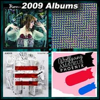 2009 record album covers for Lungs, Merriweather Post Pavilion, The Blueprint 3, and Wolfgang Amadeus Phoenix