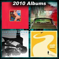2010 record album covers for My Beautiful Dark Twisted Fantasy, The Suburbs, This is Happening, and Doo Wops & Hooligans