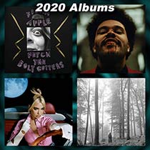 2020 record album covers for Fetch the Bolt Cutters, After Hours, Future Nostalgia, Folklore